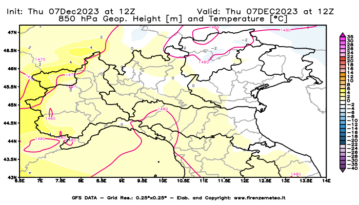 GFS analysi map - Geopotential and Temperature at 850 hPa in Northern Italy
									on December 7, 2023 H12