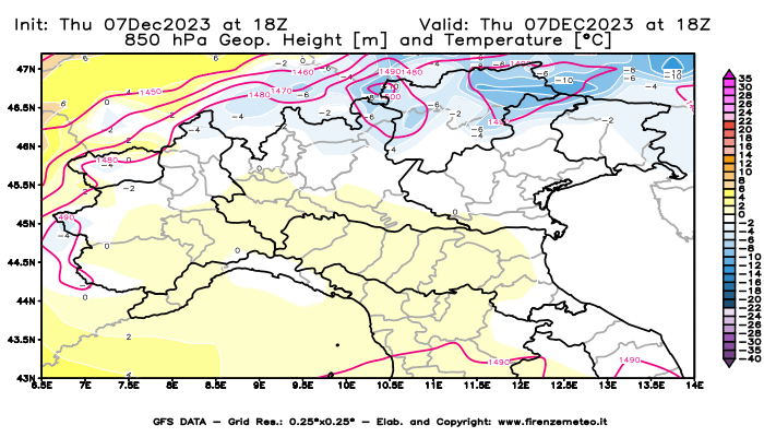 GFS analysi map - Geopotential and Temperature at 850 hPa in Northern Italy
									on December 7, 2023 H18