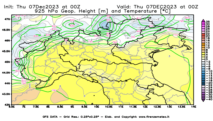 GFS analysi map - Geopotential and Temperature at 925 hPa in Northern Italy
									on December 7, 2023 H00