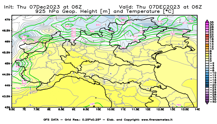 GFS analysi map - Geopotential and Temperature at 925 hPa in Northern Italy
									on December 7, 2023 H06