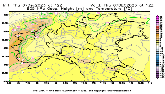 GFS analysi map - Geopotential and Temperature at 925 hPa in Northern Italy
									on December 7, 2023 H12