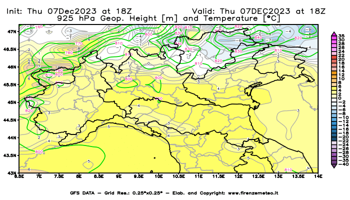 GFS analysi map - Geopotential and Temperature at 925 hPa in Northern Italy
									on December 7, 2023 H18