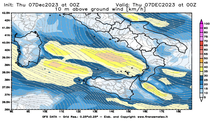 Mappa di analisi GFS - Velocità del vento a 10 metri dal suolo in Sud-Italia
							del 7 dicembre 2023 z00