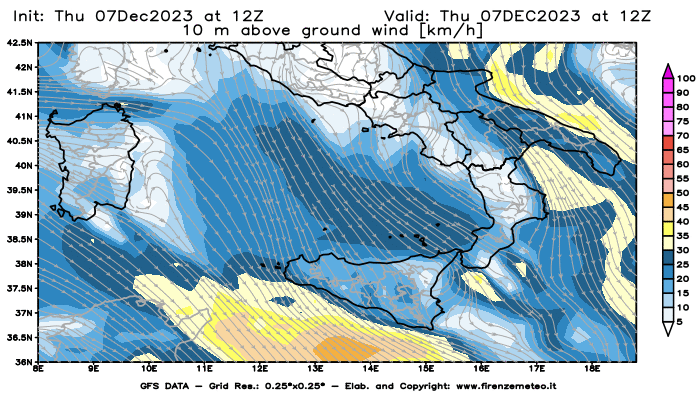Mappa di analisi GFS - Velocità del vento a 10 metri dal suolo in Sud-Italia
							del 7 dicembre 2023 z12