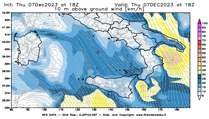 Mappa di analisi GFS - Velocità del vento a 10 metri dal suolo in Sud-Italia
							del 7 dicembre 2023 z18