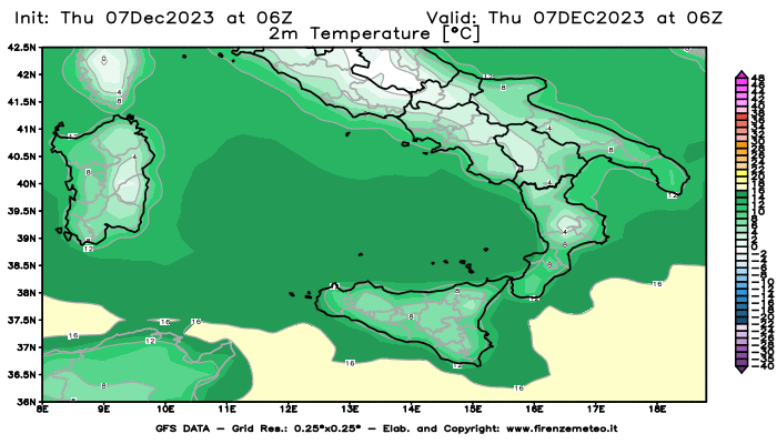Mappa di analisi GFS - Temperatura a 2 metri dal suolo in Sud-Italia
							del 7 dicembre 2023 z06