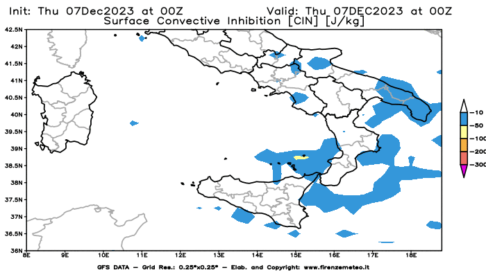 GFS analysi map - CIN in Southern Italy
									on December 7, 2023 H00