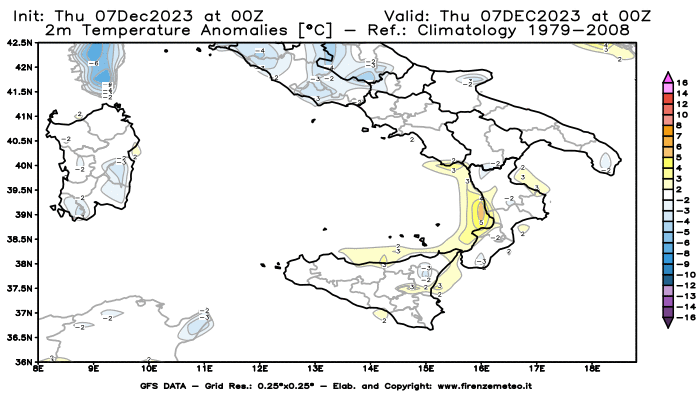 Mappa di analisi GFS - Anomalia Temperatura a 2 m in Sud-Italia
							del 7 dicembre 2023 z00