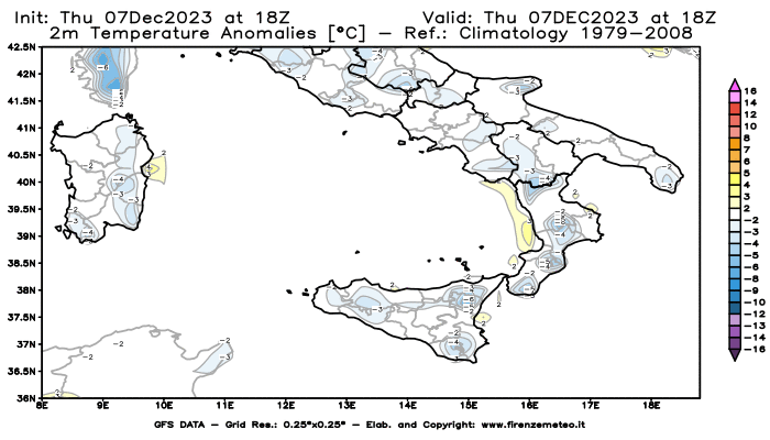 Mappa di analisi GFS - Anomalia Temperatura a 2 m in Sud-Italia
							del 7 dicembre 2023 z18