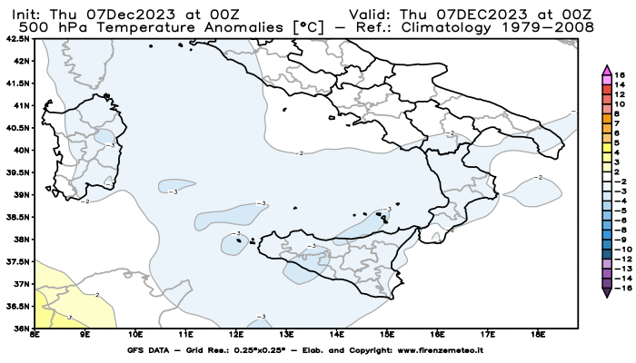 Mappa di analisi GFS - Anomalia Temperatura a 500 hPa in Sud-Italia
							del 7 dicembre 2023 z00