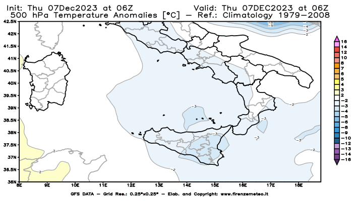 Mappa di analisi GFS - Anomalia Temperatura a 500 hPa in Sud-Italia
							del 7 dicembre 2023 z06