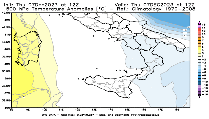 Mappa di analisi GFS - Anomalia Temperatura a 500 hPa in Sud-Italia
							del 7 dicembre 2023 z12