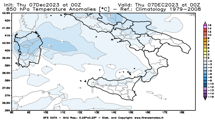 Mappa di analisi GFS - Anomalia Temperatura a 850 hPa in Sud-Italia
							del 7 dicembre 2023 z00