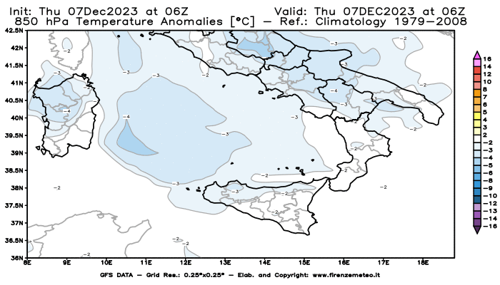 Mappa di analisi GFS - Anomalia Temperatura a 850 hPa in Sud-Italia
							del 7 dicembre 2023 z06