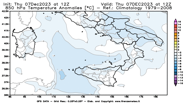 Mappa di analisi GFS - Anomalia Temperatura a 850 hPa in Sud-Italia
							del 7 dicembre 2023 z12