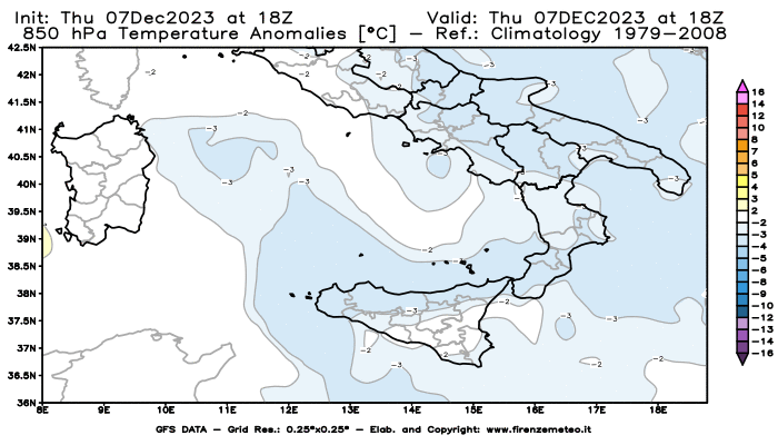 Mappa di analisi GFS - Anomalia Temperatura a 850 hPa in Sud-Italia
							del 7 dicembre 2023 z18
