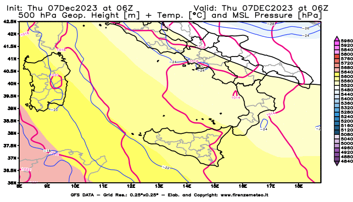 GFS analysi map - Geopotential + Temp. at 500 hPa + Sea Level Pressure in Southern Italy
									on December 7, 2023 H06