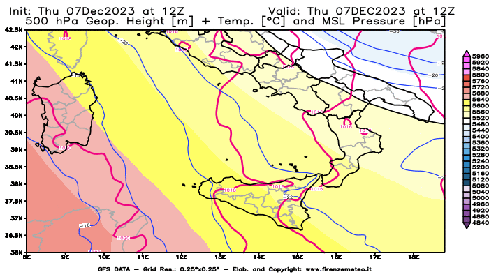 GFS analysi map - Geopotential + Temp. at 500 hPa + Sea Level Pressure in Southern Italy
									on December 7, 2023 H12