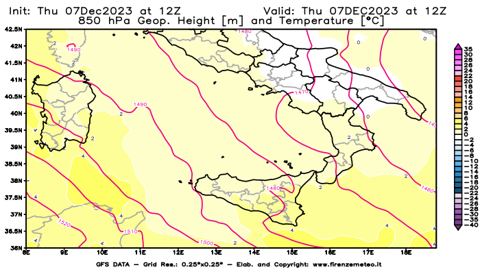 GFS analysi map - Geopotential and Temperature at 850 hPa in Southern Italy
									on December 7, 2023 H12