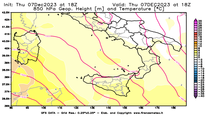 GFS analysi map - Geopotential and Temperature at 850 hPa in Southern Italy
									on December 7, 2023 H18