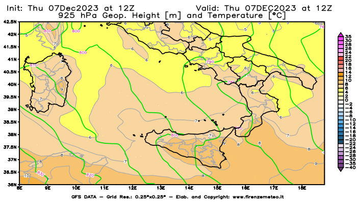GFS analysi map - Geopotential and Temperature at 925 hPa in Southern Italy
									on December 7, 2023 H12