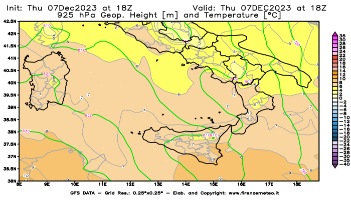 GFS analysi map - Geopotential and Temperature at 925 hPa in Southern Italy
									on December 7, 2023 H18