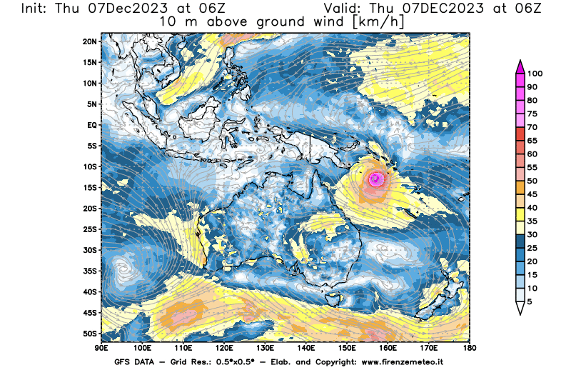 Mappa di analisi GFS - Velocità del vento a 10 metri dal suolo in Oceania
							del 7 dicembre 2023 z06