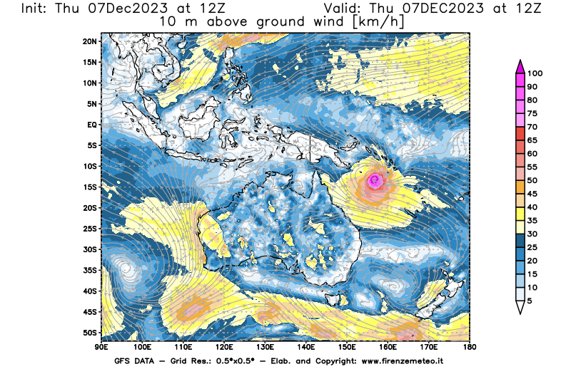Mappa di analisi GFS - Velocità del vento a 10 metri dal suolo in Oceania
							del 7 dicembre 2023 z12