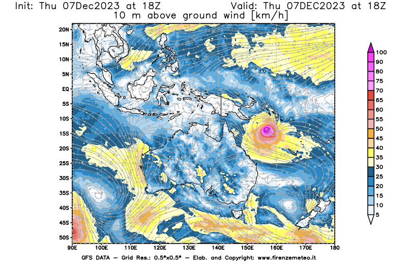 Mappa di analisi GFS - Velocità del vento a 10 metri dal suolo in Oceania
							del 7 dicembre 2023 z18