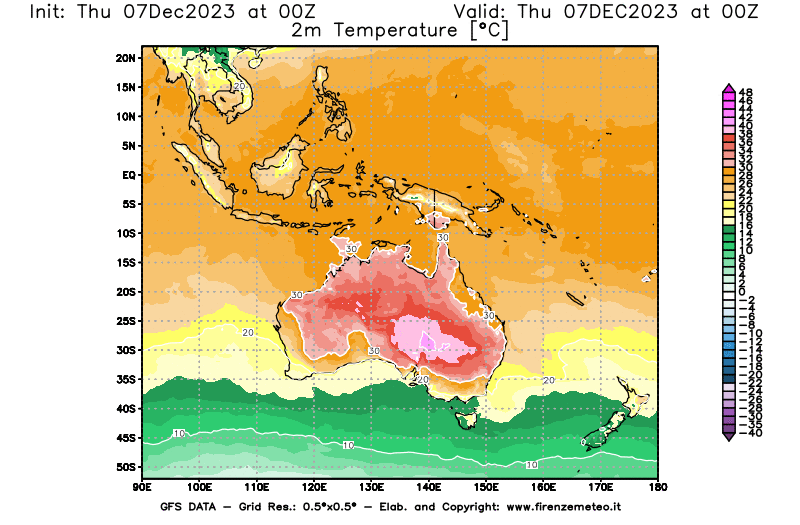 Mappa di analisi GFS - Temperatura a 2 metri dal suolo in Oceania
							del 7 dicembre 2023 z00