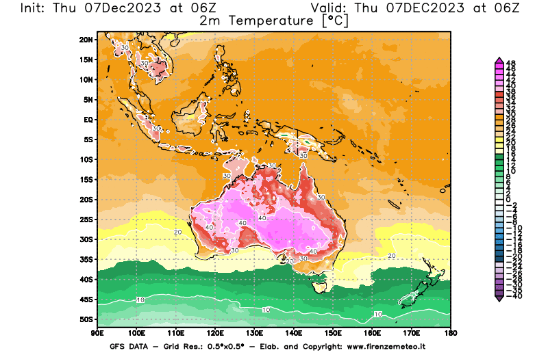 Mappa di analisi GFS - Temperatura a 2 metri dal suolo in Oceania
							del 7 dicembre 2023 z06
