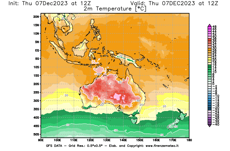 Mappa di analisi GFS - Temperatura a 2 metri dal suolo in Oceania
							del 7 dicembre 2023 z12