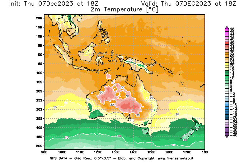 Mappa di analisi GFS - Temperatura a 2 metri dal suolo in Oceania
							del 7 dicembre 2023 z18
