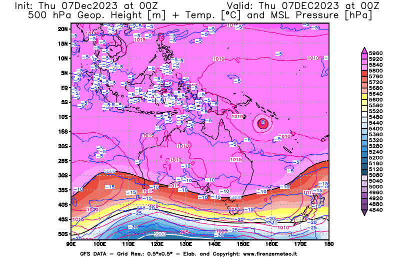 GFS analysi map - Geopotential + Temp. at 500 hPa + Sea Level Pressure in Oceania
									on December 7, 2023 H00