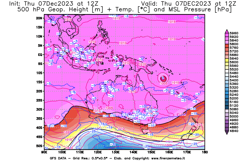 GFS analysi map - Geopotential + Temp. at 500 hPa + Sea Level Pressure in Oceania
									on December 7, 2023 H12