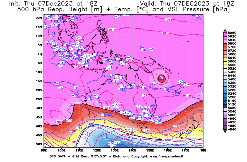 GFS analysi map - Geopotential + Temp. at 500 hPa + Sea Level Pressure in Oceania
									on December 7, 2023 H18