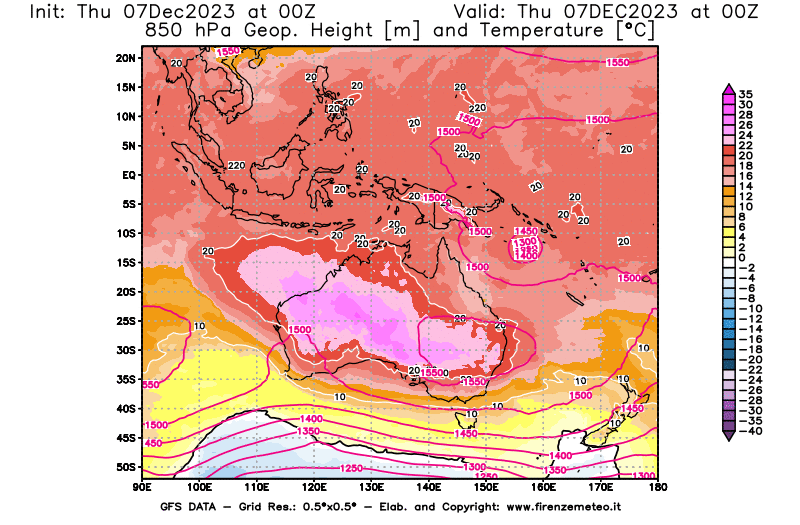 GFS analysi map - Geopotential and Temperature at 850 hPa in Oceania
									on December 7, 2023 H00