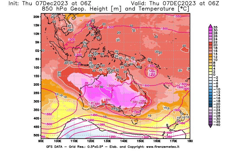 GFS analysi map - Geopotential and Temperature at 850 hPa in Oceania
									on December 7, 2023 H06