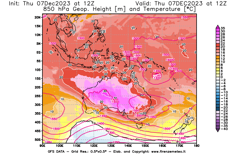 GFS analysi map - Geopotential and Temperature at 850 hPa in Oceania
									on December 7, 2023 H12