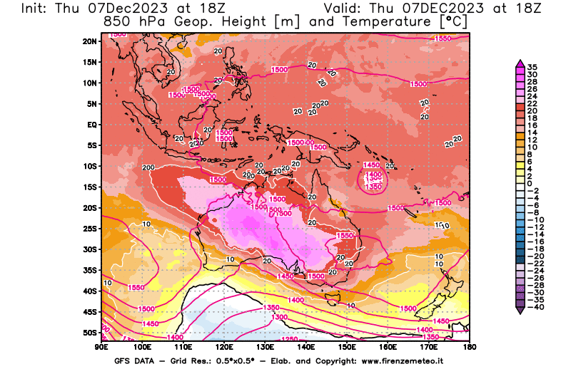 GFS analysi map - Geopotential and Temperature at 850 hPa in Oceania
									on December 7, 2023 H18