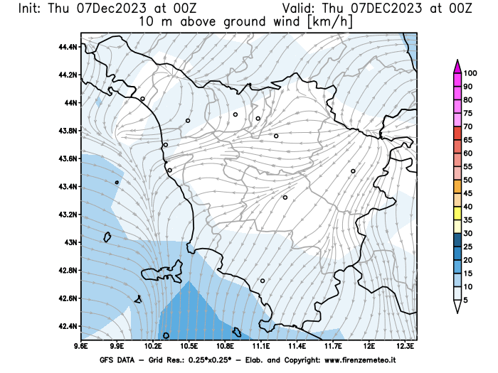 Mappa di analisi GFS - Velocità del vento a 10 metri dal suolo in Toscana
							del 7 dicembre 2023 z00
