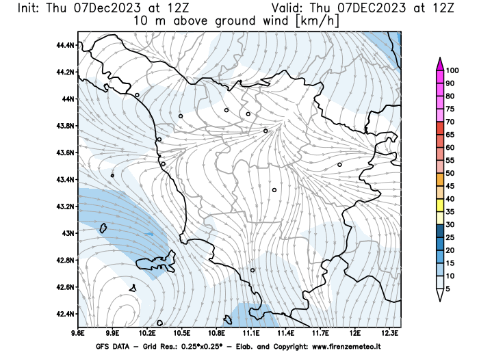 Mappa di analisi GFS - Velocità del vento a 10 metri dal suolo in Toscana
							del 7 dicembre 2023 z12