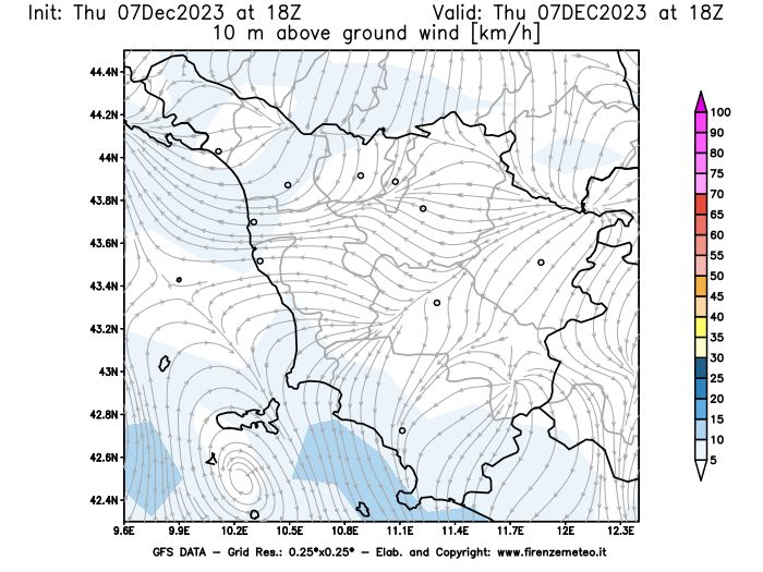 Mappa di analisi GFS - Velocità del vento a 10 metri dal suolo in Toscana
							del 7 dicembre 2023 z18