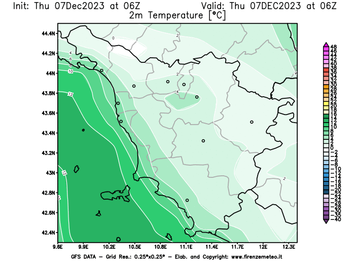 Mappa di analisi GFS - Temperatura a 2 metri dal suolo in Toscana
							del 7 dicembre 2023 z06