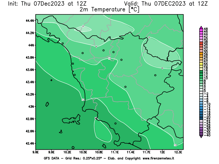GFS analysi map - Temperature at 2 m above ground in Tuscany
									on December 7, 2023 H12