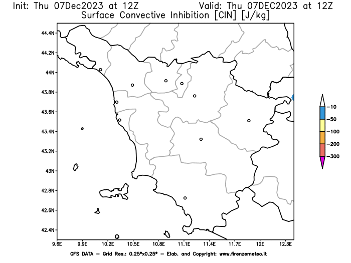 GFS analysi map - CIN in Tuscany
									on December 7, 2023 H12