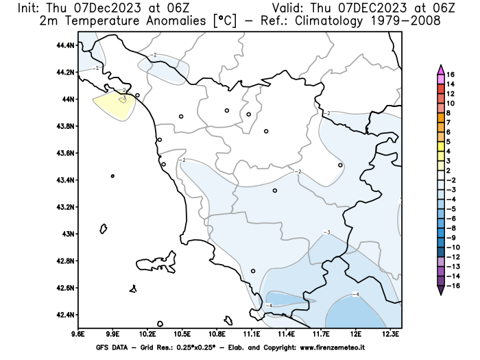 Mappa di analisi GFS - Anomalia Temperatura a 2 m in Toscana
							del 7 dicembre 2023 z06