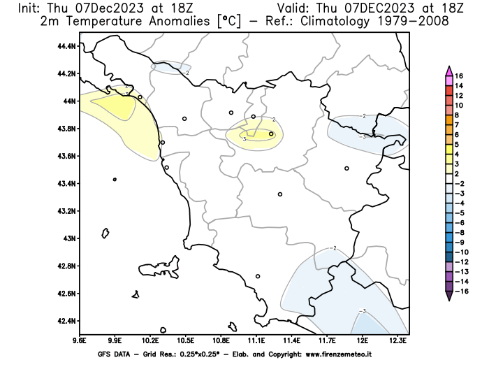 GFS analysi map - Temperature Anomalies at 2 m in Tuscany
									on December 7, 2023 H18