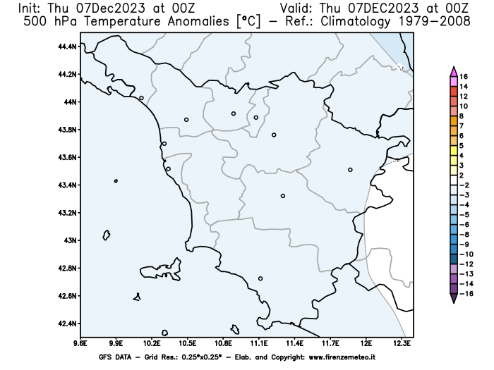 Mappa di analisi GFS - Anomalia Temperatura a 500 hPa in Toscana
							del 7 dicembre 2023 z00