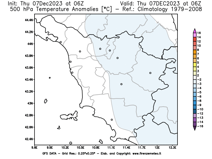 Mappa di analisi GFS - Anomalia Temperatura a 500 hPa in Toscana
							del 7 dicembre 2023 z06